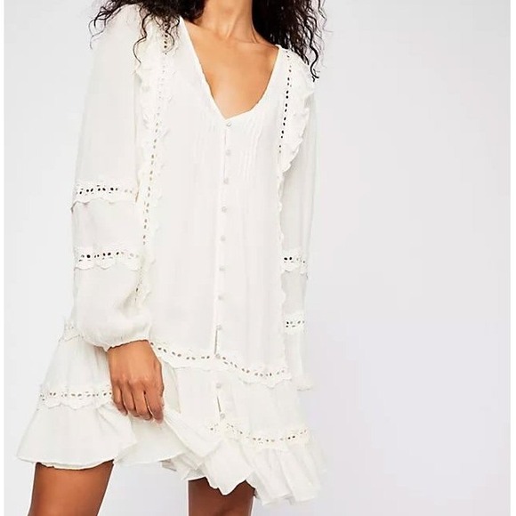 Free People Dresses & Skirts - Free People Snow Angel White Eyelet Lace Ruffle Gauze Mini Dress Boho Small